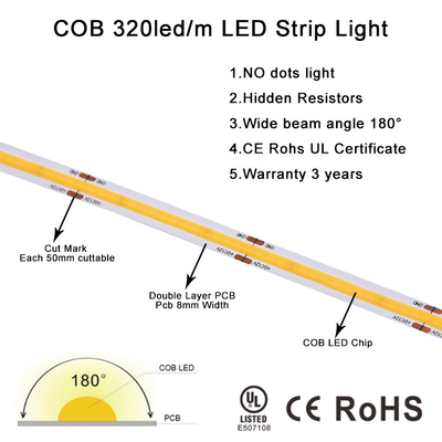 Su geçirmez COB LED Şeritler Nokta Yok Kesme 12 24 Volt Beyaz Süper Parlak